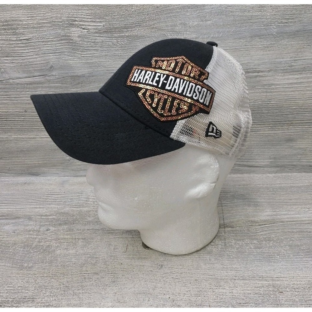 Harley-Davidson New Era 9FORTY Mesh Trucker Adjustable Cap Hat Black White‎